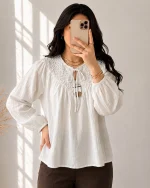 شومیز نخی بوهو وارداتی بالاتنه کش دوزی رنگ سفید