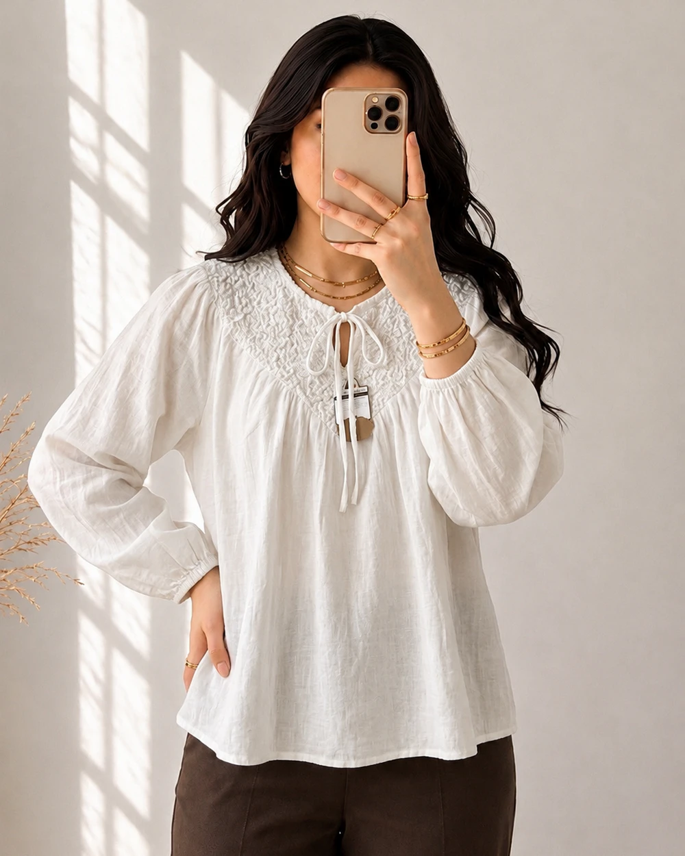 imported-white-smocked-boho-blouse-outfit-1236 شومیز نخی بوهو وارداتی بالاتنه کش دوزی رنگ سفید